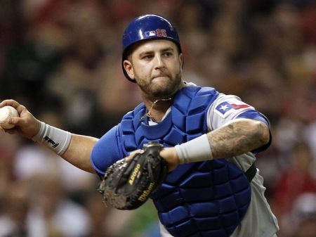 Mike Napoli as a catcher on a game